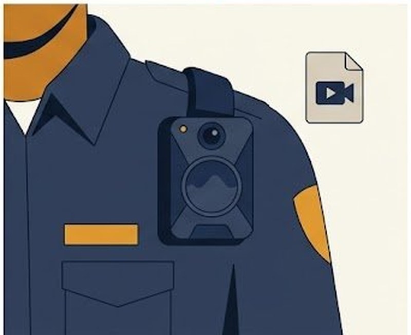 Illustration of a police body camera with a video file icon, representing a body camera footage request
