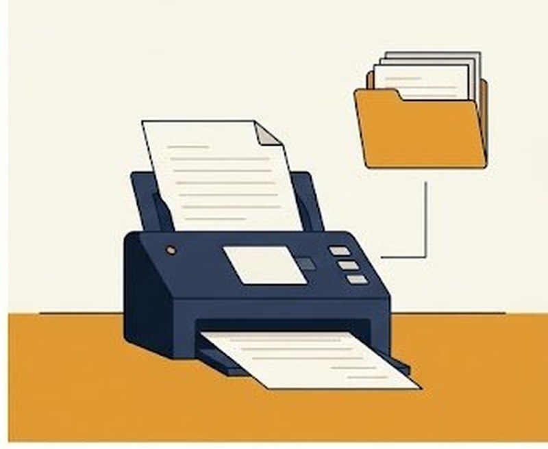 Illustration of a document scanner digitizing paper records into an organized digital folder